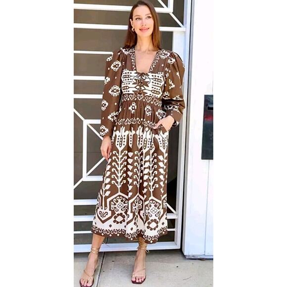 $584 SEA NEW YORK SMOCKED Sonia MIDI DRESS Sz 10 Brown Tuckernuck Boho Resort - Picture 1 of 16